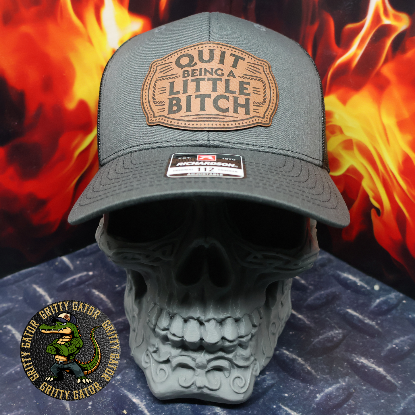 Quit Being a Little Bitch Patch Hat Richardson 112 Trucker Hat in Charcoal/Black from Gritty Gator