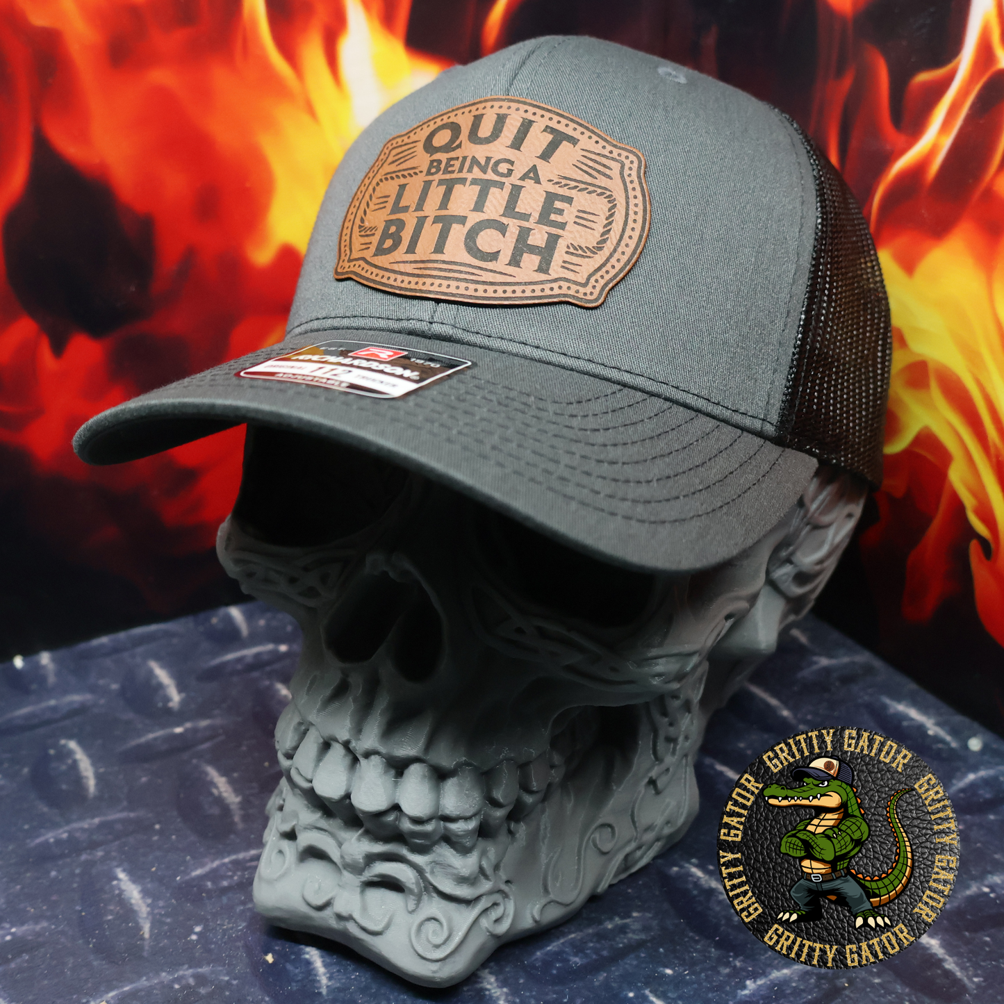 Quit Being a Little Bitch Patch Hat Richardson 112 Trucker Hat in Charcoal/Black from Gritty Gator